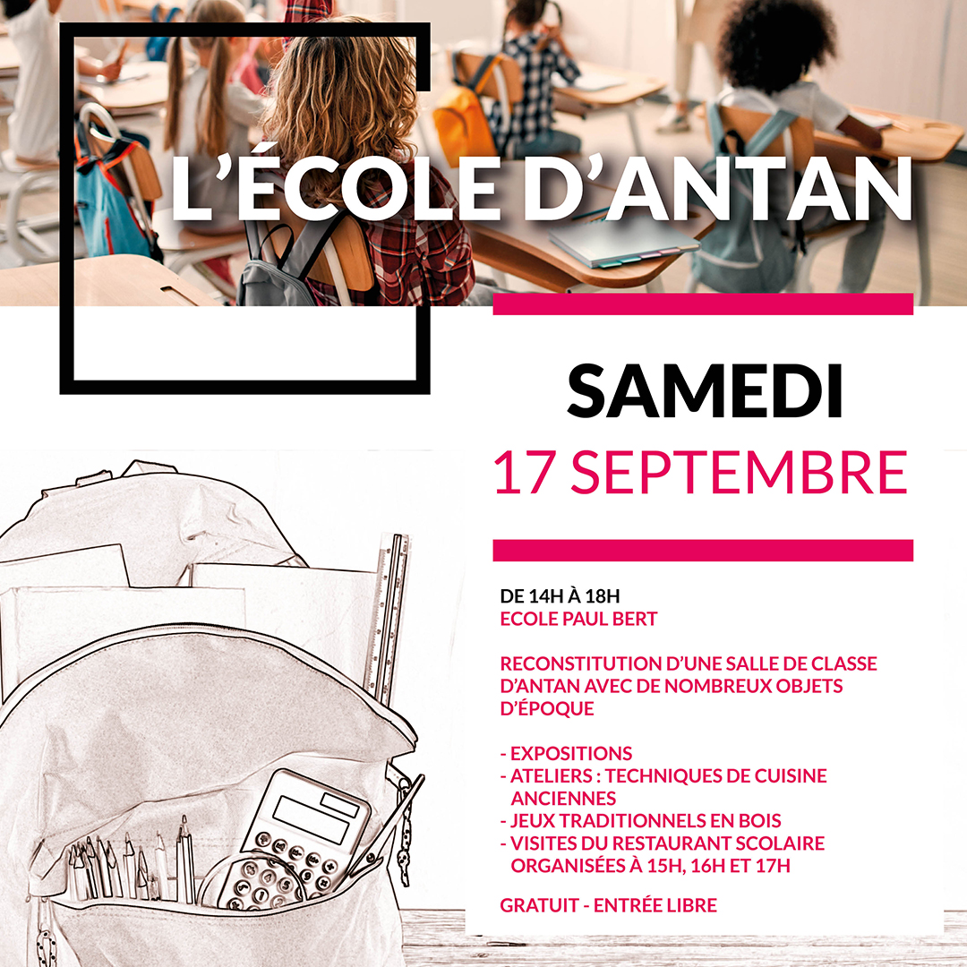 VilleBeauchamp's tweet photo. [EVENEMENT] Samedi 17 septembre replongez dans l'atmosphère des écoles d'antan ! 🎓
📌De 14h à 18h - Ecole Paul Bert
➡️Exposition sur l'histoire de l'éducation
➡️Ateliers culinaires
➡️Jeux traditionnels en bois
➡️Visites du restaurant scolaire : 15h, 16h, 17h https://t.co/m6OyBN6Zl2