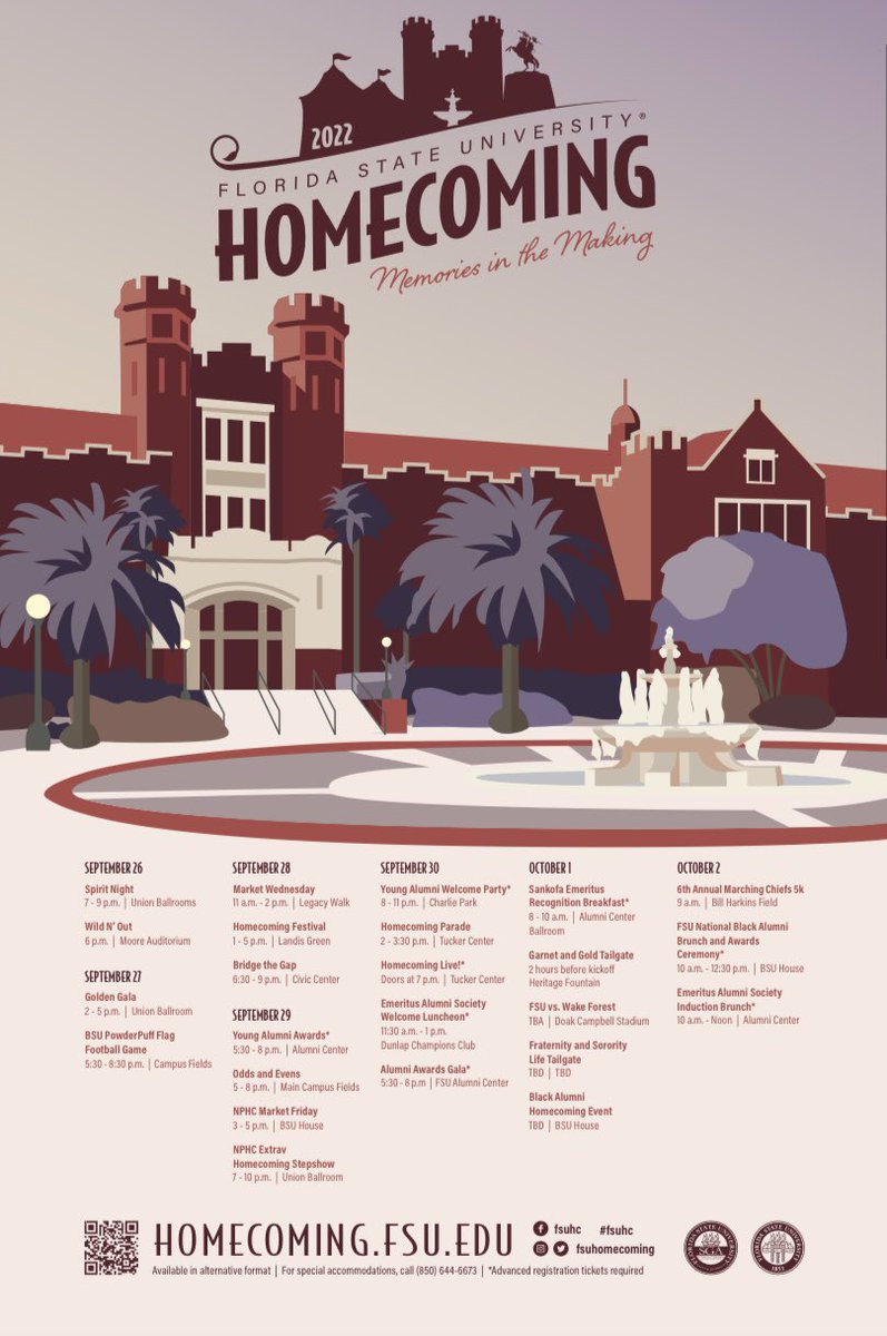 FSUHOMECOMING's tweet photo. We are BACK! Here is our 2022 Homecoming schedule starting Sept. 26th 🥳 https://t.co/oB8lSVHHkC