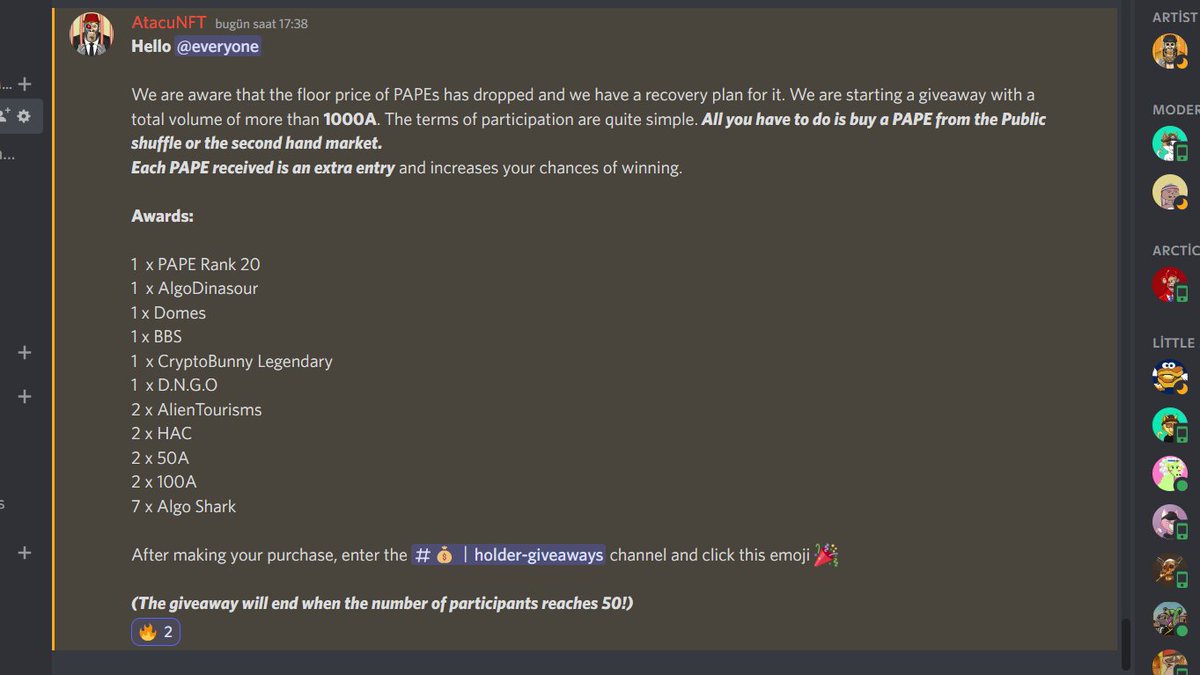 🚨🚨Big NFT Giveaway Allert🚨🚨 #NFTGiveaway 

All you have to do is buy a PAPE from the Public shuffle or the second hand market. 
Each PAPE received is an extra entry and increases your chances of winning.

Total Award Volume: More than 1000A

#algofam #AnimalRights #freeape