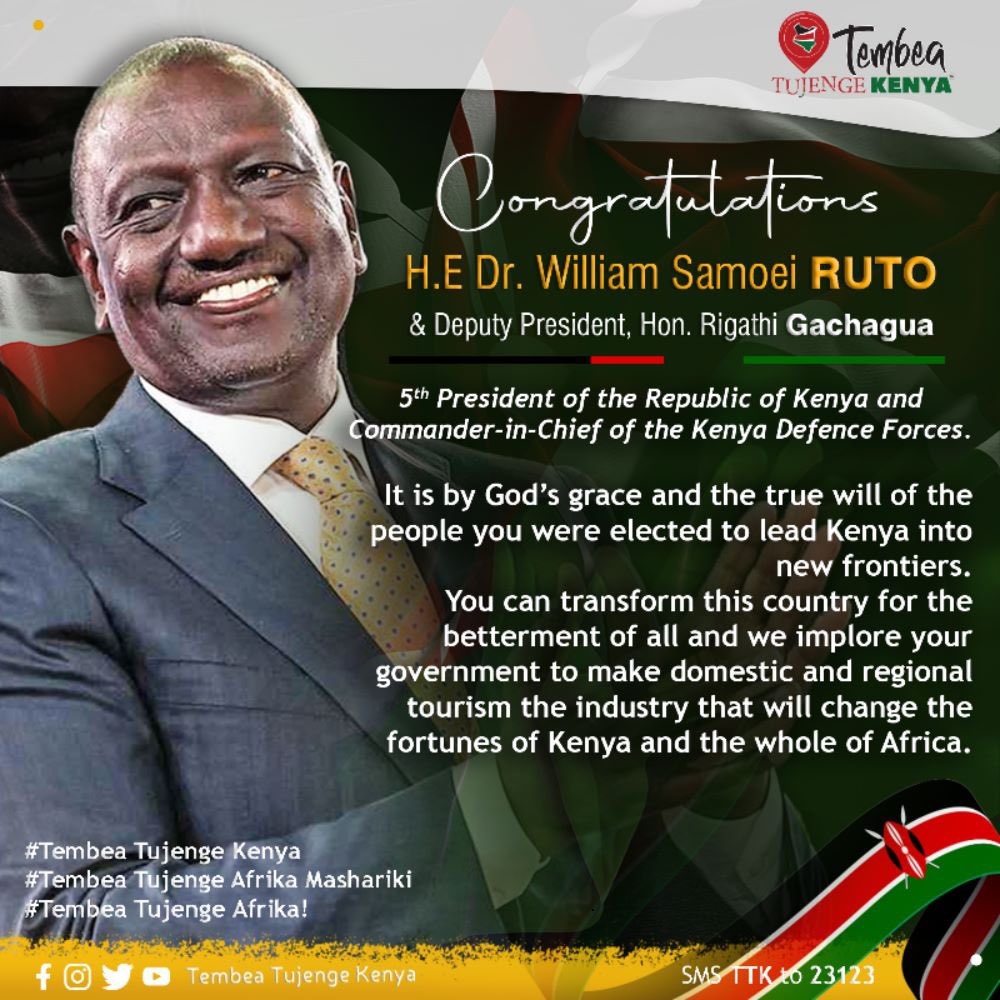 Congratulations H.E Hon. Dr. <a href="/WilliamsRuto/">William Samoei Ruto, PhD</a> !!!! 🥳🥳🥳
You have the needed charisma and can lead Kenya to new frontiers using domestic and regional tourism as the vector for peace and stability.

#TembeaTujengeKenya #TembeaTujengeAfrikaMashariki #The5th #Kenya #Tourism