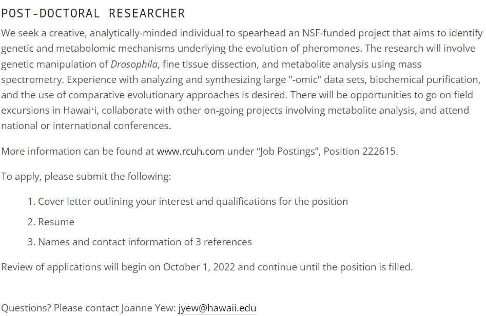 Henry Chung (@henryhwchung) on Twitter photo Hi Twitter friends! My wonderful colleague, Dr. Joanne Yew, is recruiting a #postdoctoral research associate to work on the #evolution of chemical communication at the University of Hawaii at Manoa. <a href="/uhmanoa/">University of Hawaii at Manoa</a> #Drosophila #metabolomics. RT pls. yewlab.com/open-positions Hi Twitter friends! My wonderful colleague, Dr. Joanne Yew, is recruiting a #postdoctoral research associate to work on the #evolution of chemical communication at the University of Hawaii at Manoa. <a href="/uhmanoa/">University of Hawaii at Manoa</a> #Drosophila #metabolomics. RT pls. yewlab.com/open-positions