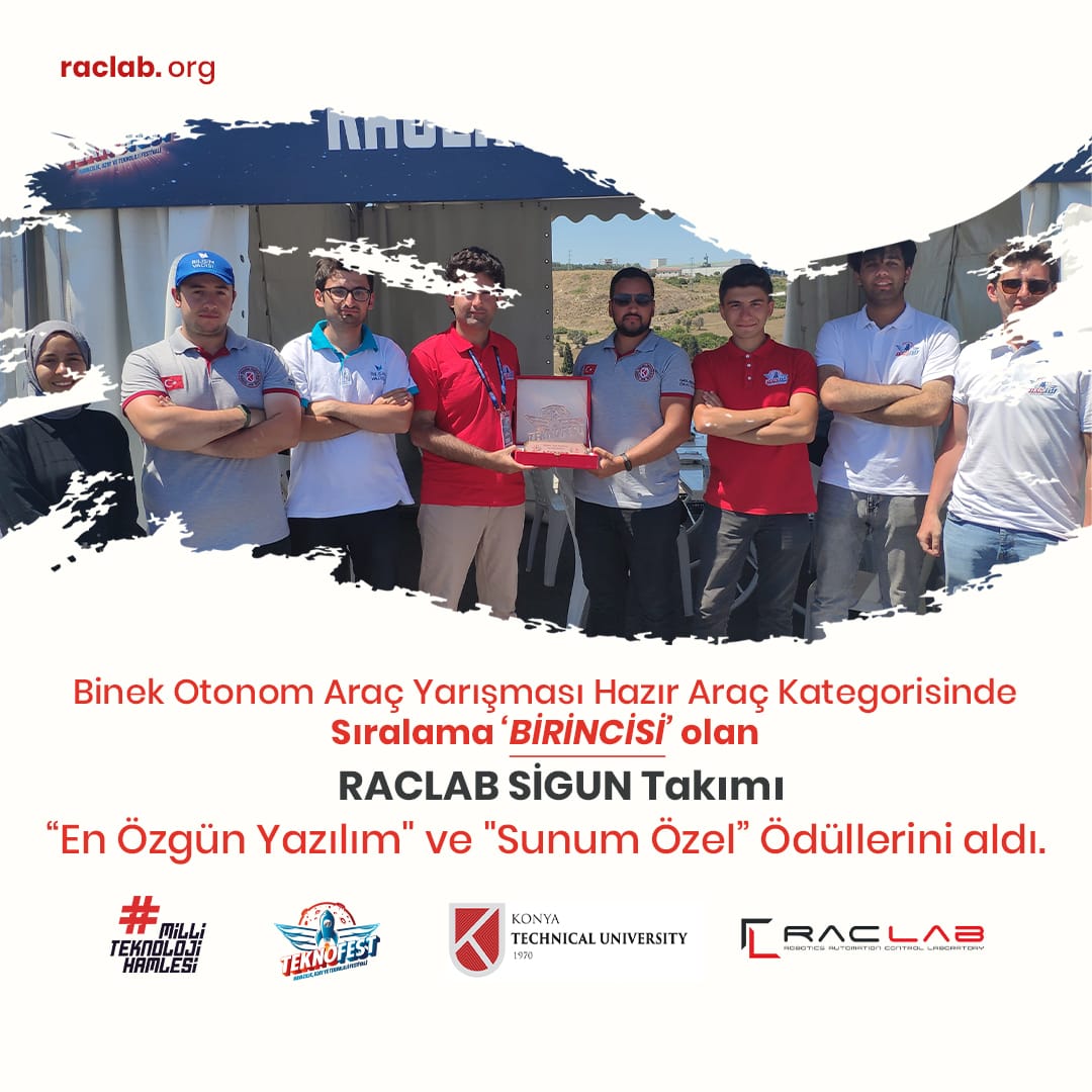 KtunRacLab's tweet photo. TEKNOFEST'22 Robotaksi Yarışması Sıralama BİRİNCİSİ olan RACLAB SİGUN Takımı,“En Özgün Yazılım” ve “Sunum Özel” ödüllerini aldı.Takımımızı tebrik ediyoruz.👏👏
.
https://t.co/qu2yJ6Srj7
.
@BaburOzcelik
@KTUNEDU
@broxmedya @mpgcomtr @ElfatekLTD
#numesys #pigasoft #mosasgroup https://t.co/LPBMnv2M4C