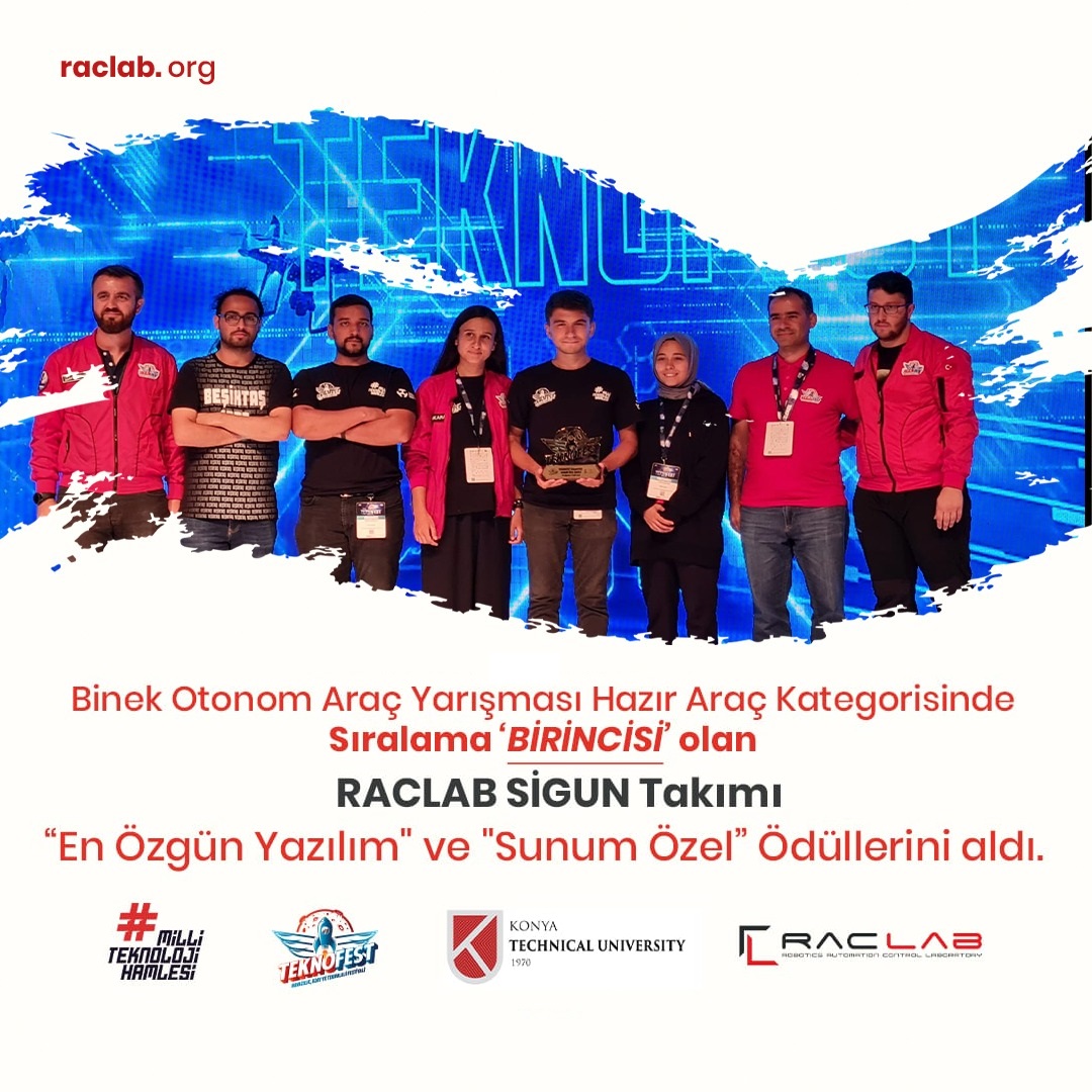 KtunRacLab's tweet photo. TEKNOFEST'22 Robotaksi Yarışması Sıralama BİRİNCİSİ olan RACLAB SİGUN Takımı,“En Özgün Yazılım” ve “Sunum Özel” ödüllerini aldı.Takımımızı tebrik ediyoruz.👏👏
.
https://t.co/qu2yJ6Srj7
.
@BaburOzcelik
@KTUNEDU
@broxmedya @mpgcomtr @ElfatekLTD
#numesys #pigasoft #mosasgroup https://t.co/LPBMnv2M4C