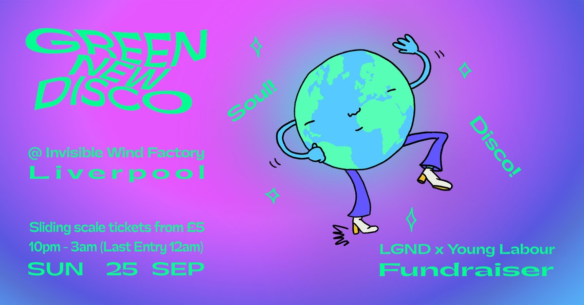 WorkerClimate's tweet image. The year is 2035. From along the lush tree-lined street you hear the sound of music - it’s the Green New Disco…🍃

Join LGND and Young Labour for a night of utopian soul and disco. Sunday 25 September, Invisible Wind Factory, Liverpool. Tickets from £5: fixr.co/event/green-ne…