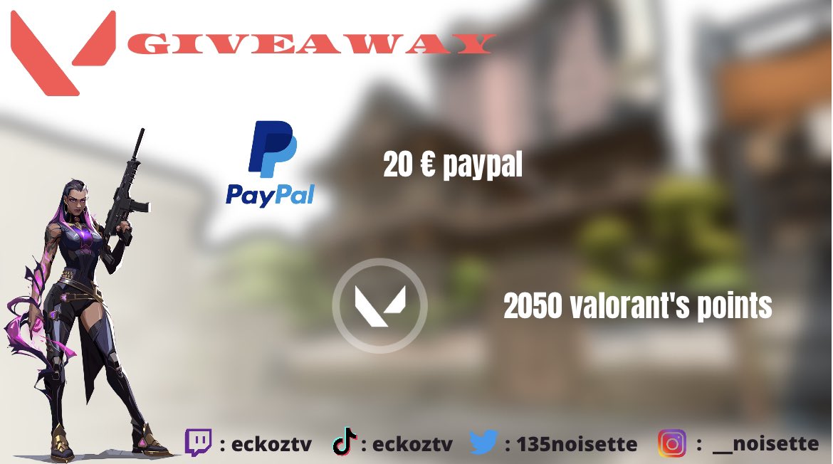 135noisette's tweet photo. 🎁 GIVEAWAY 🎁

Tentez de remporter : 2050 Valorant Points ou 20 € PAYPAL. (au choix)

🎫 Pour participer : RT ce tweet + Follow Twitter + Twitch (lien en bio)
+ identifie deux potes sous ce tweet.

➡️ TAS : 20/09
#giveaway #VALORANT #twitchfr https://t.co/faybtLTaRT