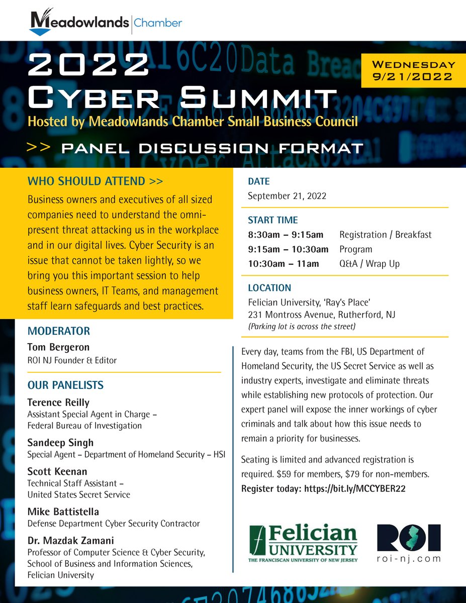 #SaveTheDate | 2022 Meadowlands Chamber Cyber Summit | DATE: September 21, 2022 | TIME: 8:30 AM - 11:00 AM EST | LOCATION: Felician University, ‘Ray’s Place’ - Bramucci Unity Hall. 231 Montross Avenue, Rutherford, NJ 07070 REGISTER: bit.ly/MCCYBER22 @MR_Chamber @ROINJNews