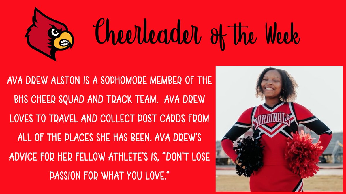BrightonCards's tweet photo. Our next Athlete of the Week is cheerleader Ava Drew Alston! #AllCardinalsAlways #CardinalFam https://t.co/LogLhE7iQ5
