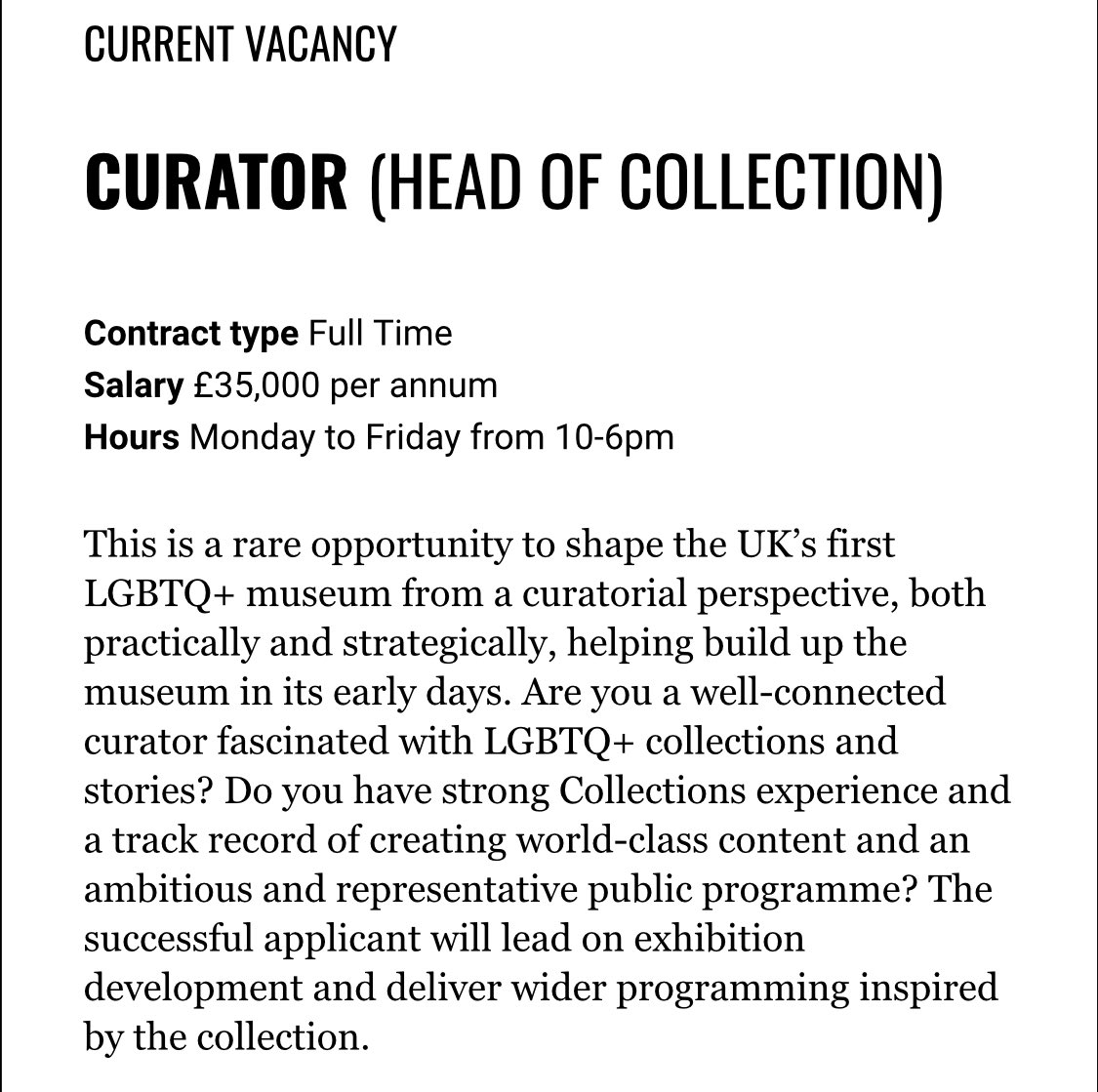 JOB VACANCY! Come work with me and others at @QueerBritain amazing museum makers who are doing important work to record and celebrate queer history. You’ll play a vital role - a rare opportunity to shape the UK’s first LGBTQ+ museum as Head of Collections queerbritain.org.uk/join-us