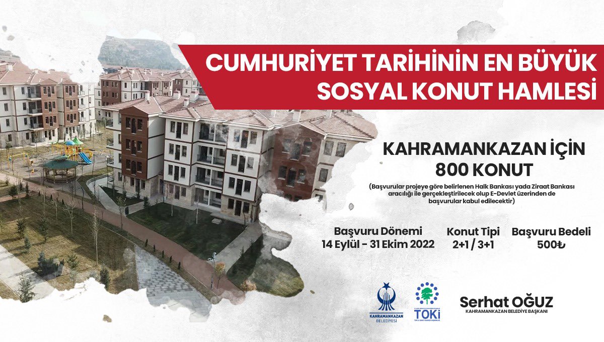 Cumhuriyet tarihimizin bir seferde yapılan en büyük sosyal konut projesinde Kahramankazan’ımıza 800 Konut yapılacak✔️ 

Teşekkürler Sayın Cumhurbaşkanım
<a href="/RTErdogan/">Recep Tayyip Erdoğan</a> 

İlk Evim 🏡
İlk İş Yerim 💙

#YüzyılınKonutProjesi