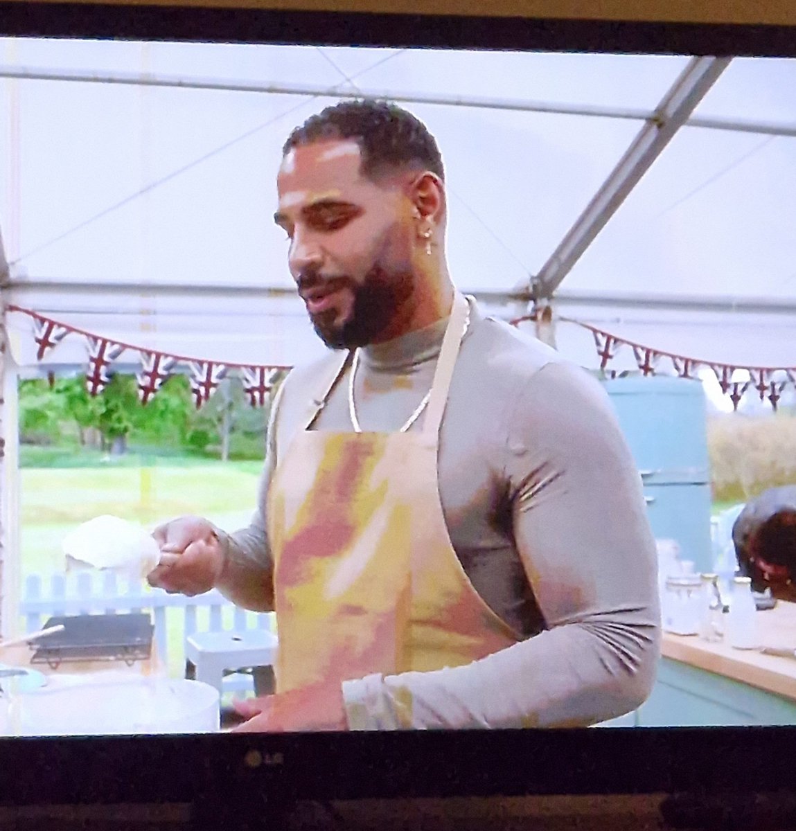 Sandro dressed appropriately as a full piping bag #gbbo