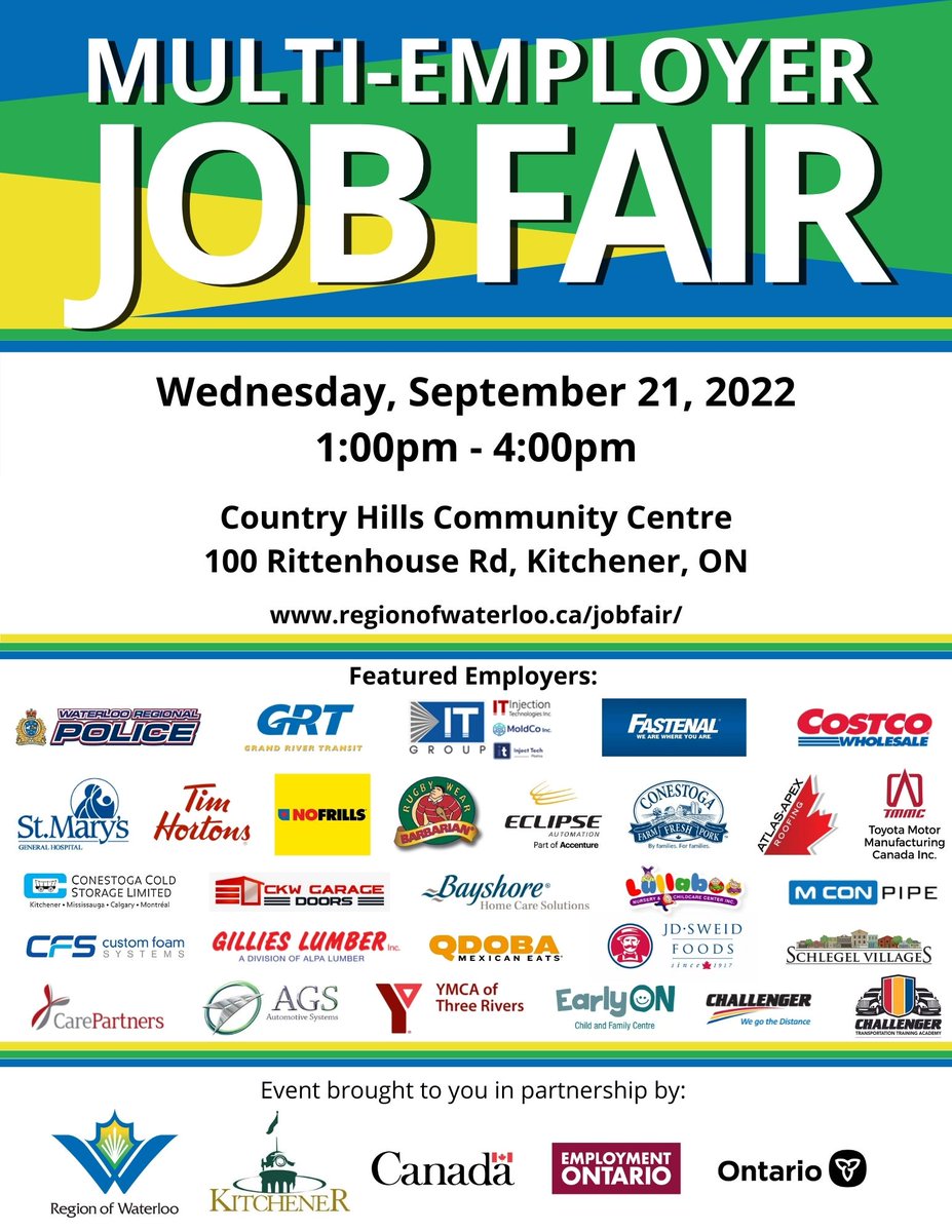 RegionWaterloo's tweet photo. Join us on September 21 from 1 p.m – 4 p.m. for a multi-employer job fair featuring local employers!
📍Country Hills Community Centre, #Kitchener
No registration required – just bring your resume and be prepared for on-the-spot interviews.
Details: https://t.co/FJN9P2gOMS https://t.co/17mUqJKj7k