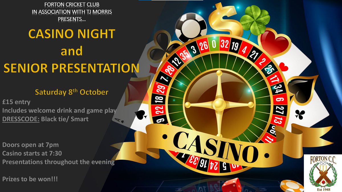 CASINO NIGHT and SENIOR PRESENTATION - SATURDAY 8th October

Get your ticket now to celebrate the end of the season in style!!! 🎉🏆🎉

forton-cricket-club.sumup.link/product/casino…