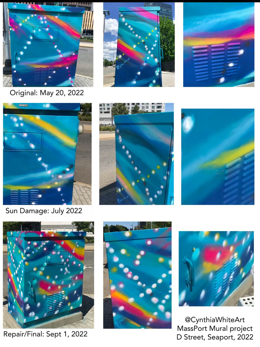 Lots of lessons learned on this <a href="/Massport/">Massport</a> mural project -- fluorescents fade, sun and sea mean serious varnish, and take graffiti tagging as a compliment! Thanks to other artists for all the help #mural #streetart #bostonart #localart #publicart #artlessons #bostonseaport #mtn94