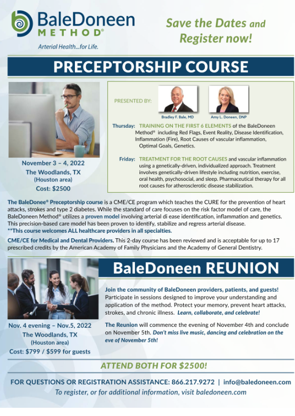 Medical &amp; dental providers, learn the latest science of heart attack, stroke &amp; chronic disease prevention AND earn up to 17 CE.CME credits at the BaleDoneen Method's Preceptorship Course on Nov. 3-4, in the Woodlands, Tx. Click the link to register conta.cc/3Pfba0x
