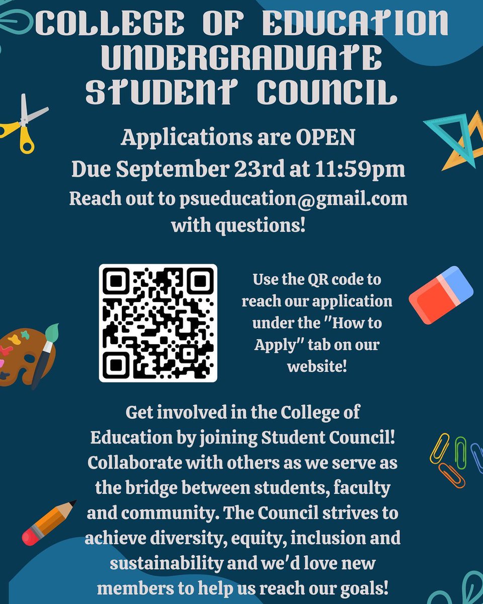 Penn State College of Education Student Council (@psu_esc) on Twitter photo Happy Tuesday <a href="/PSU_CollegeOfEd/">Penn State College of Education</a>! Our application is now live! It can be found using the QR code above or via our “How to Apply” section of our website. Please do not hesitate to reach out with any questions via our email. We look forward to reading all of your applications! 💙🍎 Happy Tuesday <a href="/PSU_CollegeOfEd/">Penn State College of Education</a>! Our application is now live! It can be found using the QR code above or via our “How to Apply” section of our website. Please do not hesitate to reach out with any questions via our email. We look forward to reading all of your applications! 💙🍎