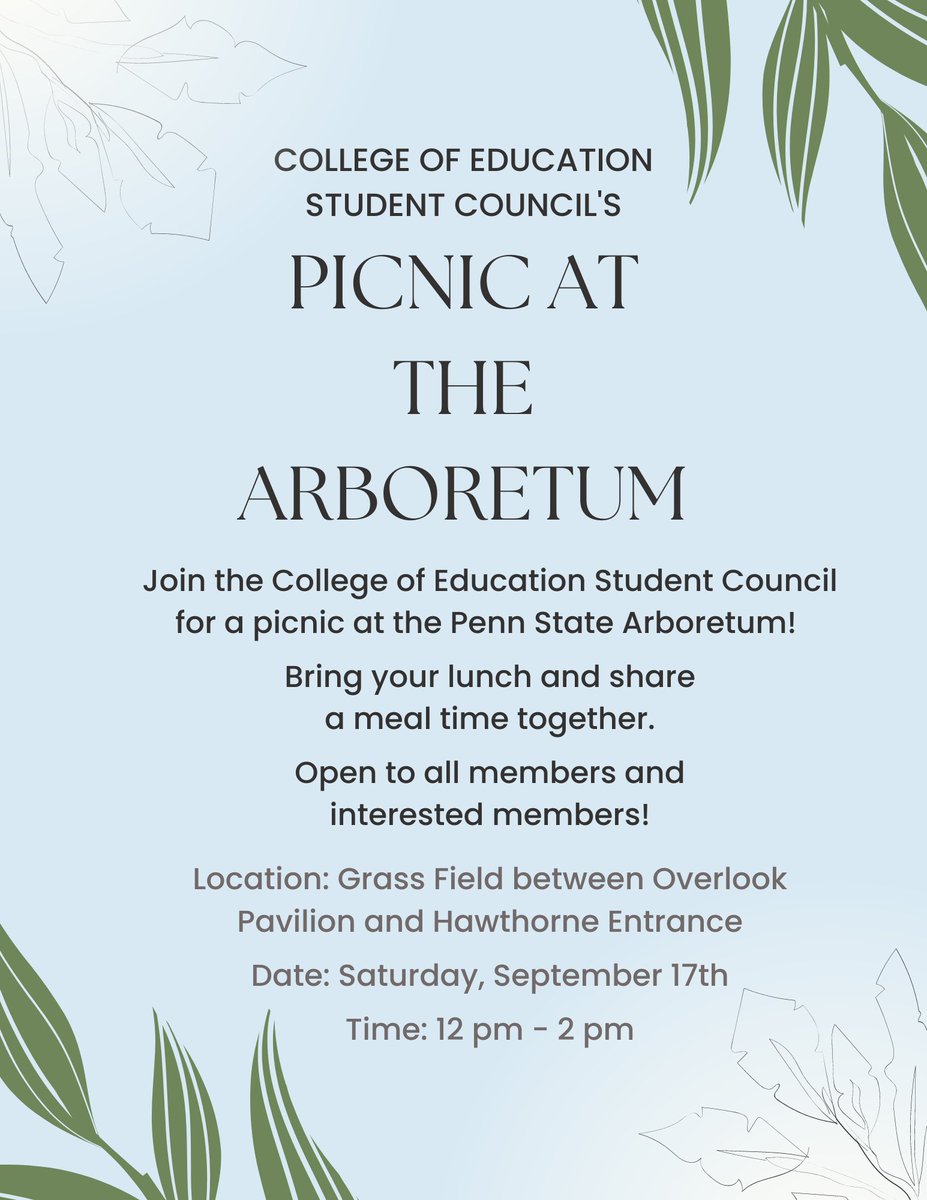 This Saturday, the College of Education Undergraduate Student Council will be hosting a picnic at the Arboretum! This is great opportunity for current members to get together and for those interested in applying to learn more about the Council. Hope to see you there!