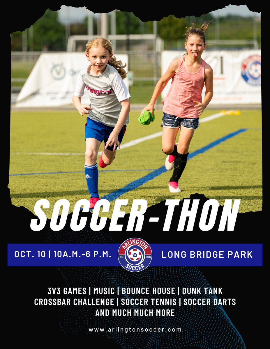 Less than a month away from our inaugural Soccer-Thon on Oct. 10!

Join us for a fun-filled day of soccer, games &amp; music!

Player registration here: bit.ly/3BdJgOQ
Volunteer: bit.ly/3A5PH4I
Learn more &amp; donate: bit.ly/3L6F5Ye

#TeamArlington