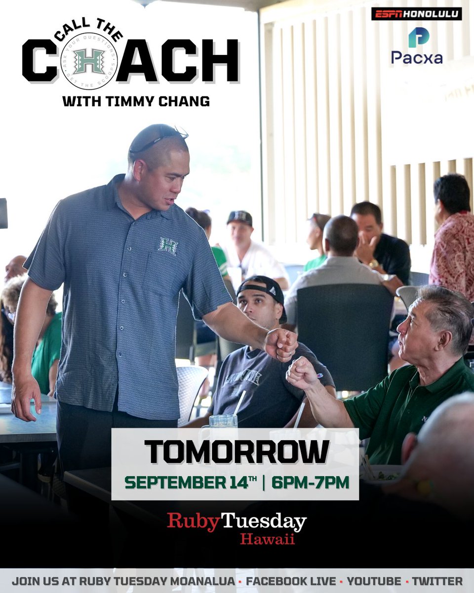 ESPNHonolulu's tweet photo. Join us tomorrow from 6p-7p at Ruby Tuesday in Moanalua Shopping Center for CALL THE COACH WITH @CoachTimmyChang! 

Mahalo to Pacxa and Ruby Tuesday!
...
#hawaiifb #gobows #braddahhood #callthecoach #timmychang https://t.co/i9xXCo0bg3