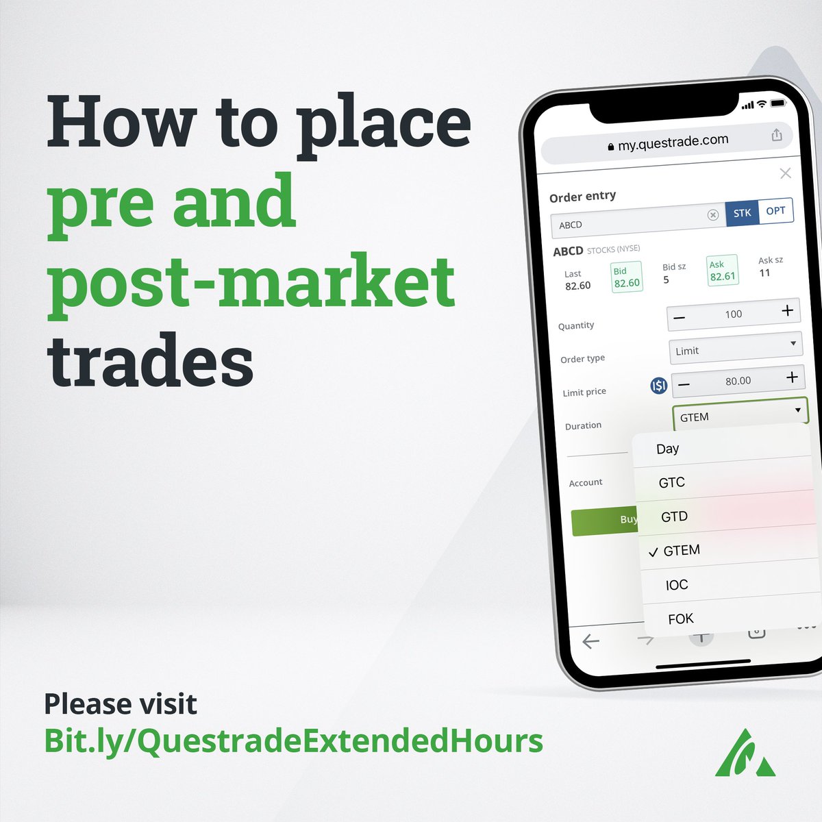 Questrade's tweet photo. Interested in placing a buy or sell order during the pre or post-market trading sessions, but not sure how? We've got you covered! Learn how at: https://t.co/W7rcD7Vb0I.
#Questrade #ExtendedHours #TradeToday https://t.co/AsHGEgoQnG