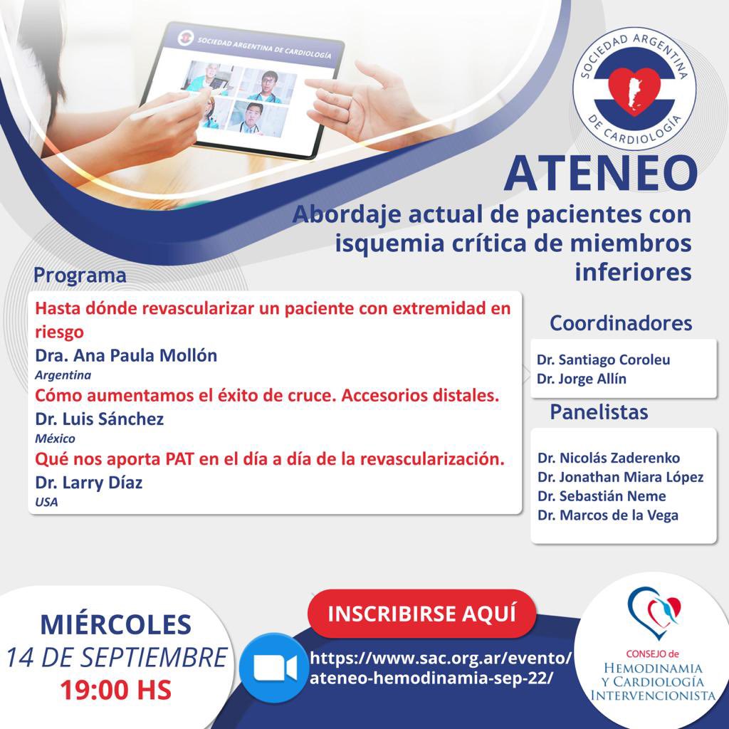 Los esperamos para el ateneo ”Abordaje actual de pacientes con isquemia crítica de miembros inferiores” que se realizará mañana Miércoles 14 de Septiembre 19 hrs!