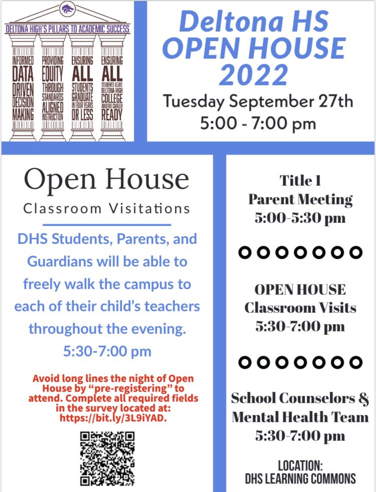 Alisha Kellett Zarbo (@alishazarbo25) on Twitter photo 📣 ATTENTION DHS FAMILIES 📣
💙 OPEN HOUSE 💙
Tues. Sept. 27th, 2022 from 5:00 - 7:00 pm.
🪪 ALL adults entering campus for the Open House MUST “pre-register” to avoid long lines the night of the event! Pre-Register at bit.ly/3L9iYAD! <a href="/MikeMicallef1/">Mike Micallef</a> <a href="/DHSHappenings/">Deltona High School Happenings</a> 📣 ATTENTION DHS FAMILIES 📣
💙 OPEN HOUSE 💙
Tues. Sept. 27th, 2022 from 5:00 - 7:00 pm.
🪪 ALL adults entering campus for the Open House MUST “pre-register” to avoid long lines the night of the event! Pre-Register at bit.ly/3L9iYAD! <a href="/MikeMicallef1/">Mike Micallef</a> <a href="/DHSHappenings/">Deltona High School Happenings</a>