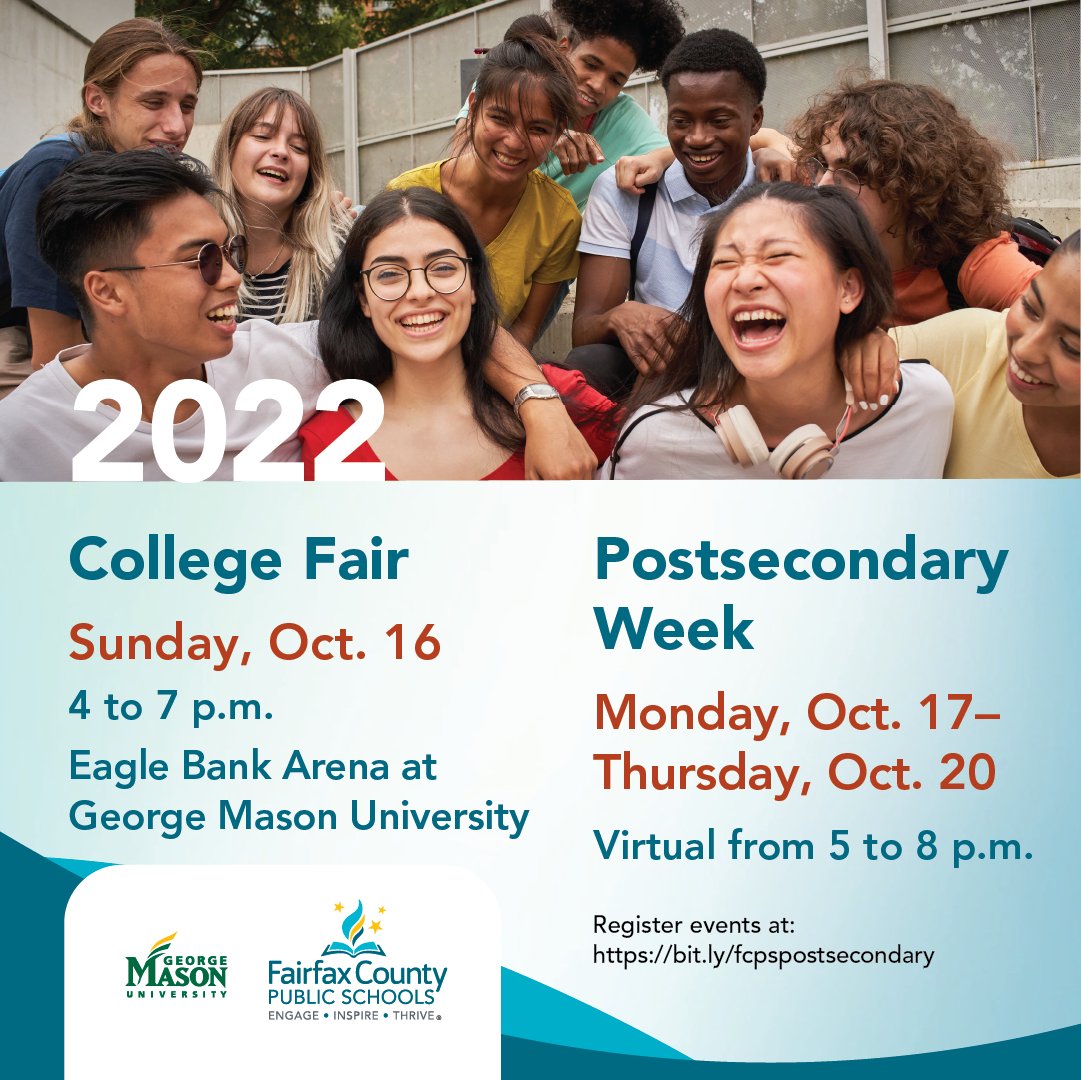 Your future awaits: Attend one of the largest college fairs in the region, where 250 colleges and universities from across the nation are represented. Join us on Sunday, October 16, 2022, from 4 to 7 p.m. at Eagle Bank Arena at George Mason University. bit.ly/3BhUzEt