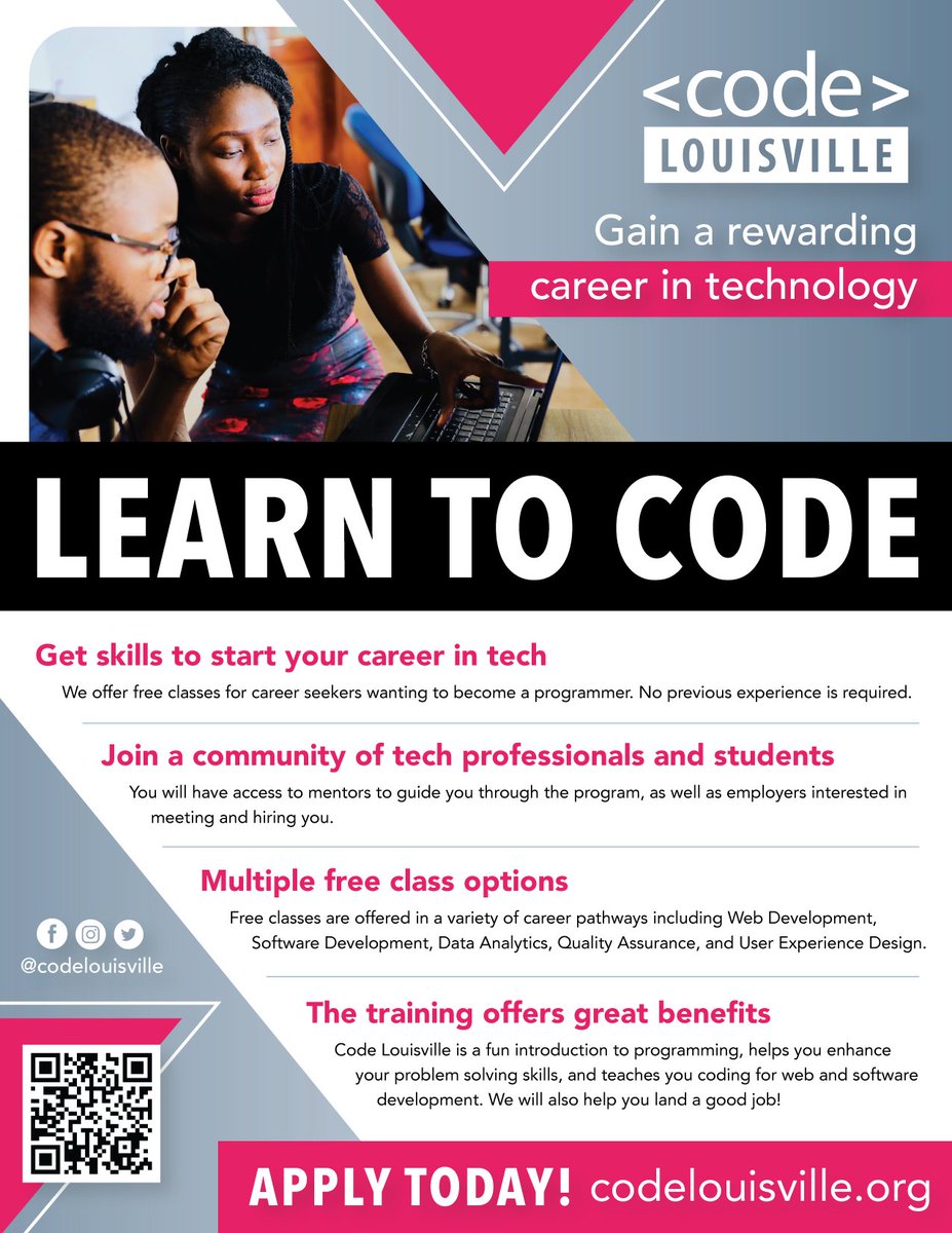 Gain a rewarding career in technology! Learn more about <a href="/codelouisville/">Code Louisville</a>: codelouisville.org.