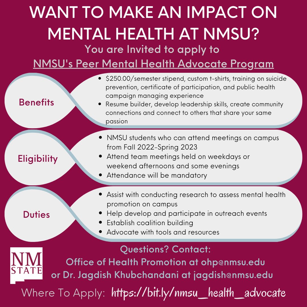 Want to make an impact on mental health on campus? Then you are invited to apply to NMSU’s Peer Mental Health Advocate Program!

Questions? Email us at ohp@nmsu.edu or Dr. Jagdish Khubchandani at jagdish@nmsu

🤩🧠✨

#nmsu #nmsuaggies #peermentor #peermentalhealthadvocate