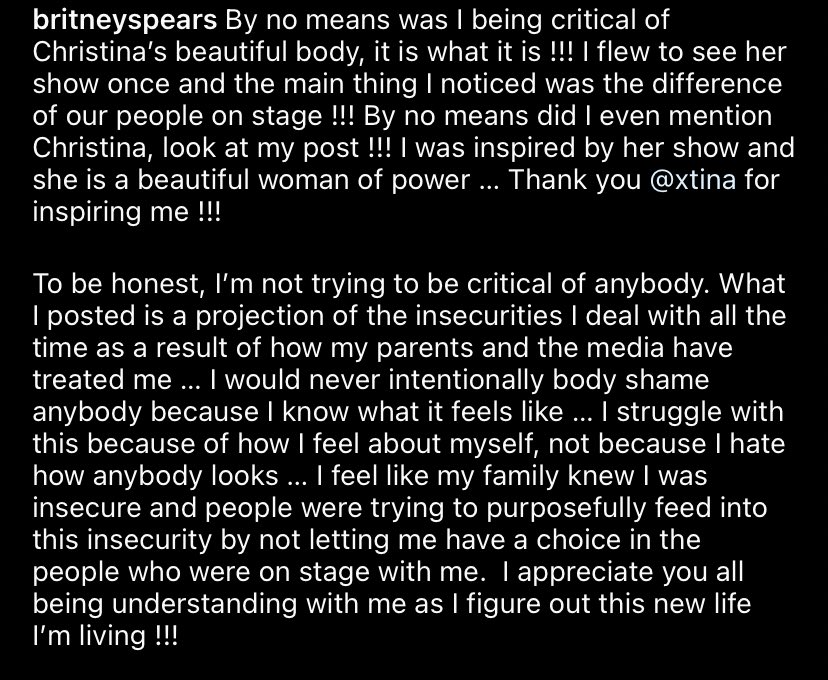 TheSpearsRoom's tweet photo. Britney Spears explained her  comments in one of her recent post. Many people believed that Britney was body shaming Christina Aguilera, but Britney has explained that was never the intent. 🤍

— “I was inspired by her show and
how she is a beautiful woman of power.” https://t.co/wYpGYMpsPa