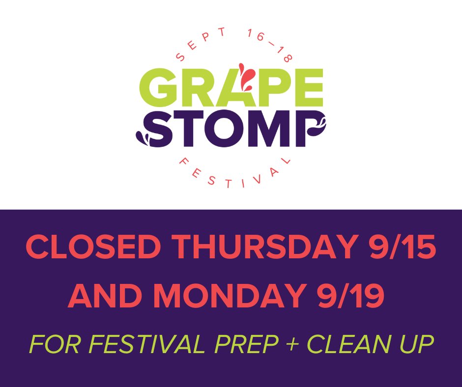 ALL of Bold North Cellars (Stoke, Carlos Creek Winery, 22 Northmen Brewing Company) will be closed Thursday 9/15 for Grape Stomp festival prep and Monday 9/19 for festival clean up. Can't wait to see you at Grape Stomp 2022!

GET TICKETS: ccwgrapestomp.com/admissions-tic…