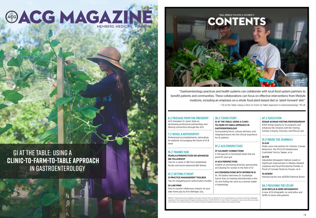 Read the NEW Fall issue of ACG Magazine: 👩‍🌾 GI at the Table: Using a Clinic-to-Farm-to-Table Approach 🦪 Pearls & Perspectives on Advanced IBD Fellowship 🍲 #ACGfoodies on fermented foods ✔️ Overcoming #PriorAuth hurdles & more! ➡️bit.ly/ACGMag-Fall-20… @TennysonMD @VaNiPaLeTi