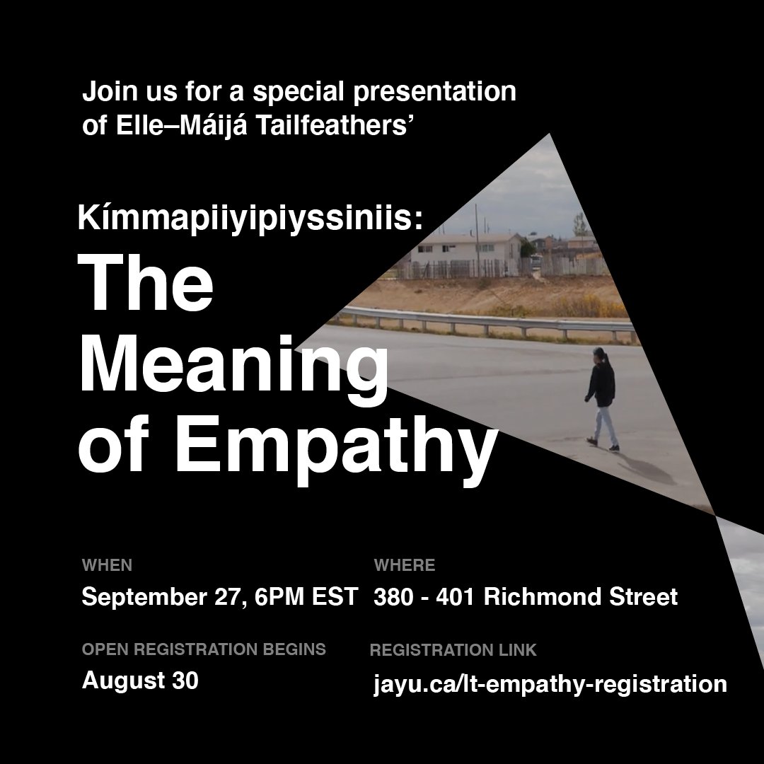 JayuCanada's tweet photo. In honour of this month-long look into #TruthandReconciliation, join us for a very special Last Tuesdays screening of "Kรญmmapiiyipiyssiniis: The Meaning of Empathy" on September 27 at 6pm.
Save your spot for in-person or virtual viewing at https://t.co/x19arwhmbK
#JAYUCanada https://t.co/mrlWktWhvM