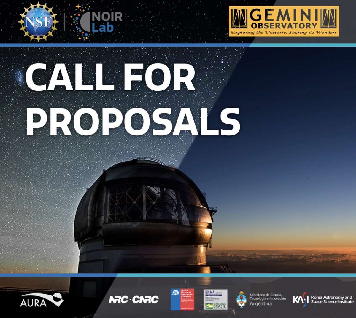 GeminiObs's tweet image. The 2023A Gemini Observatory Call for Proposals is now available. Proposals are being accepted for observations from 1 February 2023 to 31 July 2023. 🇺🇲🇨🇦🇨🇱🇧🇷🇦🇷🇰🇷
#NOIRLab #GeminiObs #NSFstories
ow.ly/24G450KIjEf