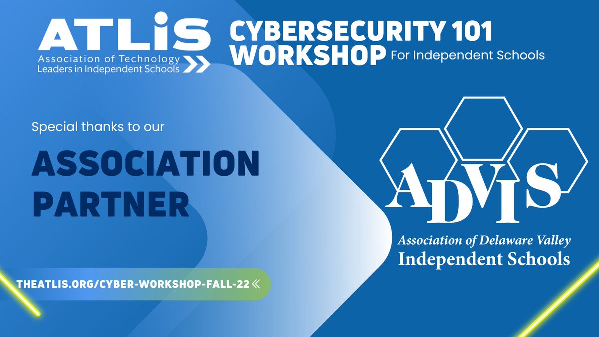 theatlis's tweet photo. Proud to partner with @advischools for the #ATLIS #cybersecurity101 workshop. #ADVIS members, learn how to make your schools safer against cyber threats. Contact your association for your discount code to attend.
https://t.co/o8aDKCL5op
#indyschools #edchat #cybersafety #edtech https://t.co/b3hC0Qiejh