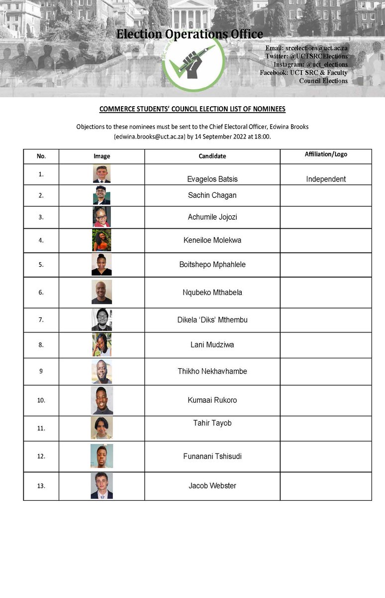 UCTSRCElections's tweet image. #UCT Commerce students please note the Provisional Nominations List for CSC 2022. Please note the following: 
The objections  period  to the nominations closes 14 September 2022, 18:00. 
#UCTElection2022 #IgniteYourRight
@UCTCSC