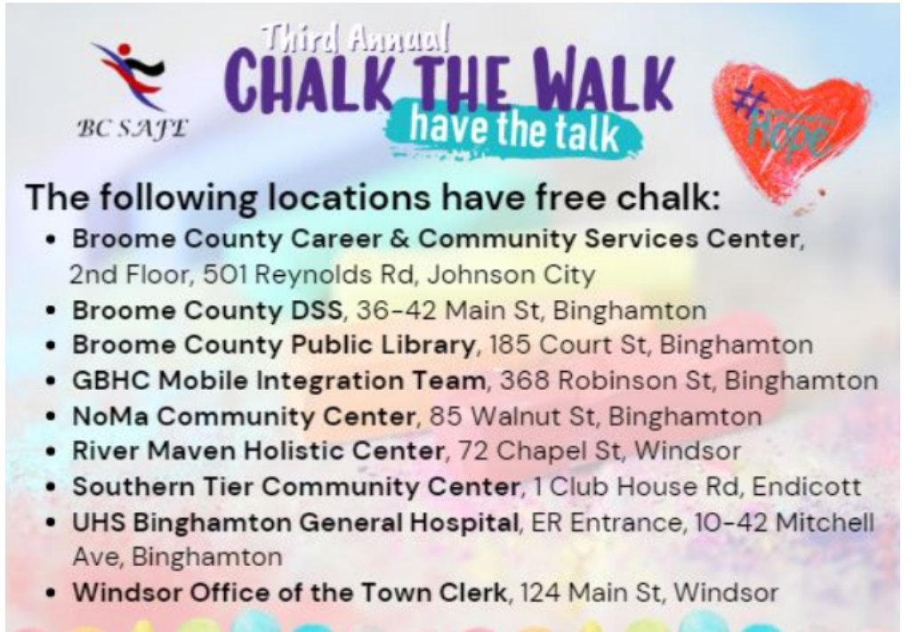 Wed &amp; Thurs, middle school &amp; high school students will take part in Chalk the Walk to raise awareness of mental health supports. Parents can also join in &amp; chalk their own walk by picking up free chalk at the locations below, including the Windsor Office of the Town Clerk.
