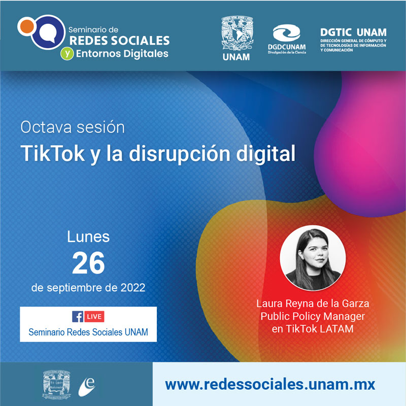 Tik Tok y la disrupción digital 
🗓26 de septiembre de 2022 
⏰17:00 hrs. 
🎥Transmisión <a href="/rrss_unam/">Redes Sociales UNAM</a>
facebook.com/redessocialesU…

|| #SRS #DGTIC #CECC #FCPyS #UNAM