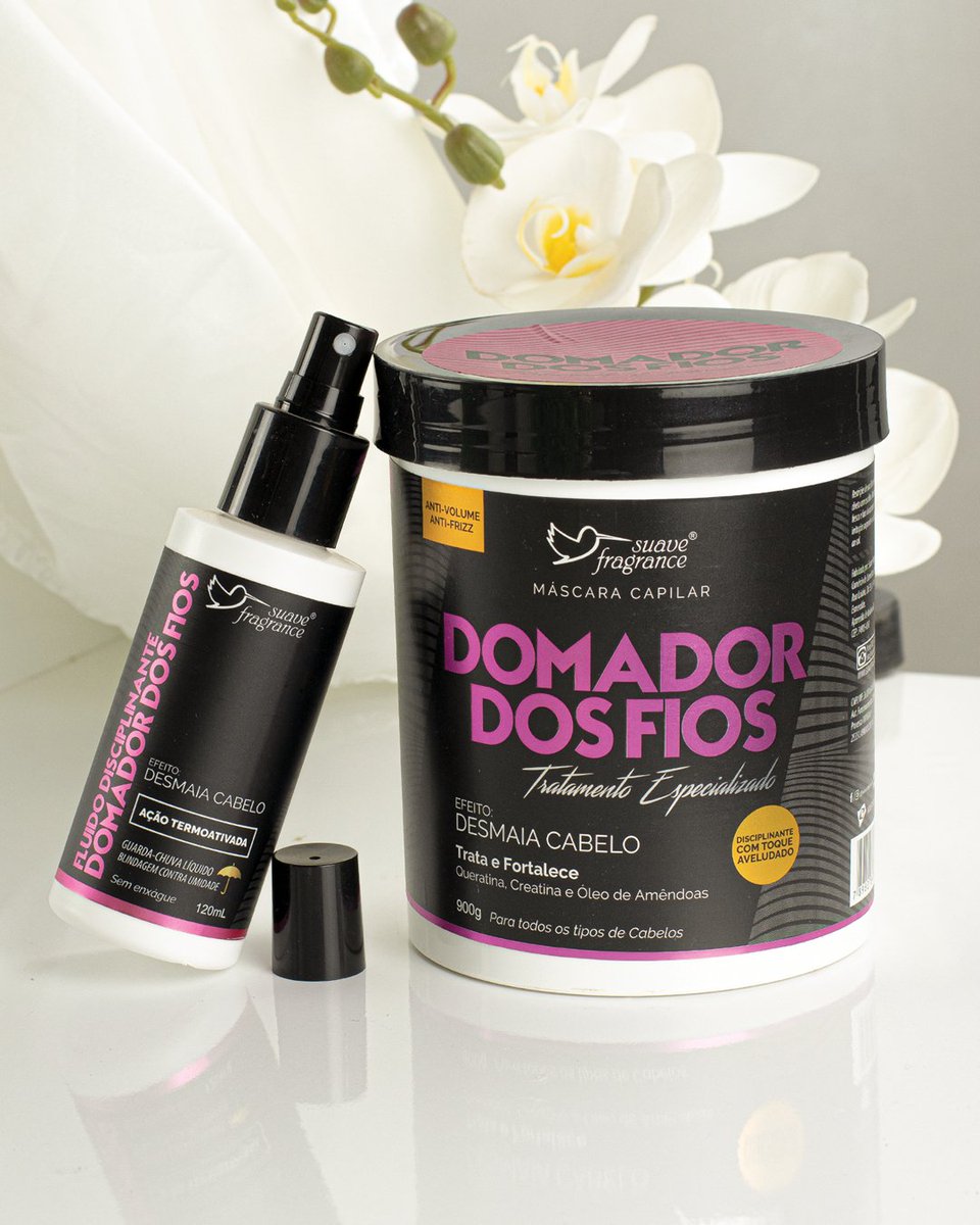 SuaveFragrance's tweet photo. Indicado para todos os tipos de cabelos, a linha Domador dos Fios entrega hidratação, possui efeito desmaia cabelo com ação instantânea anti-volume e anti-frizz. Contém máscara 900g e finalizador em spray 120mL 💜 #cabelo #tratamentocapilar https://t.co/1EUJ7jXPnX