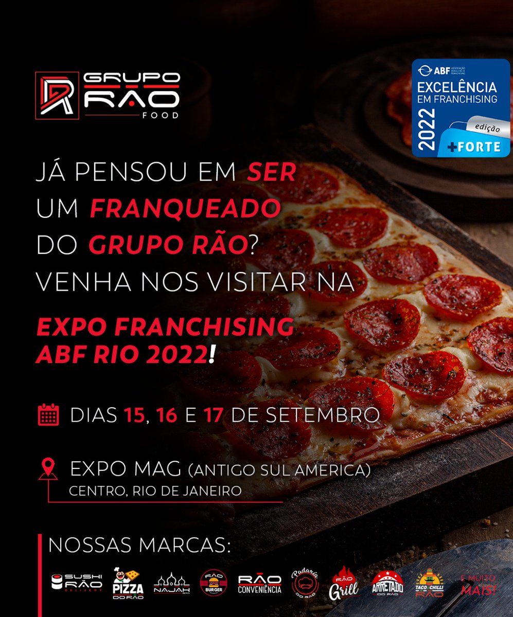 GrupoRao's tweet photo. Grupo Rão estará na EXPO Franchising ABF Rio 2022!
Venha nos visitar e conhecer as melhores oportunidades para investir no maior grupo delivery do Brasil.
Dias 15, 16 e 17 de Setembro no Expo Mag (Antigo Sul America)
Centro, Rio de Janeiro. https://t.co/svjhAzZ4Kz