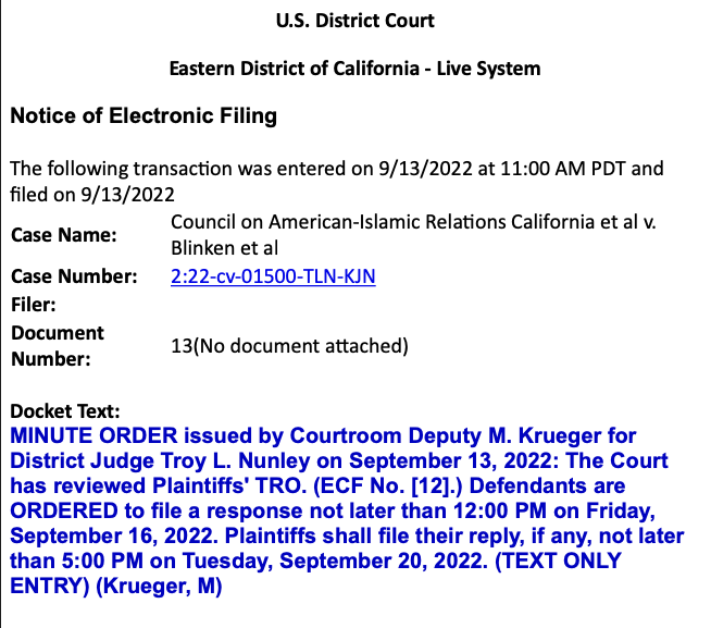 MorrisonUrena's tweet photo. #CAIRCAvBlinken #DV2022 Update: the court has ordered that "Defendants are ORDERED to file a response not later than 12:00 PM on Friday, September 16, 2022. Plaintiffs shall file their reply, if any, not later than 5:00 PM on Tuesday, September 20, 2022." https://t.co/gakTwIjdGZ