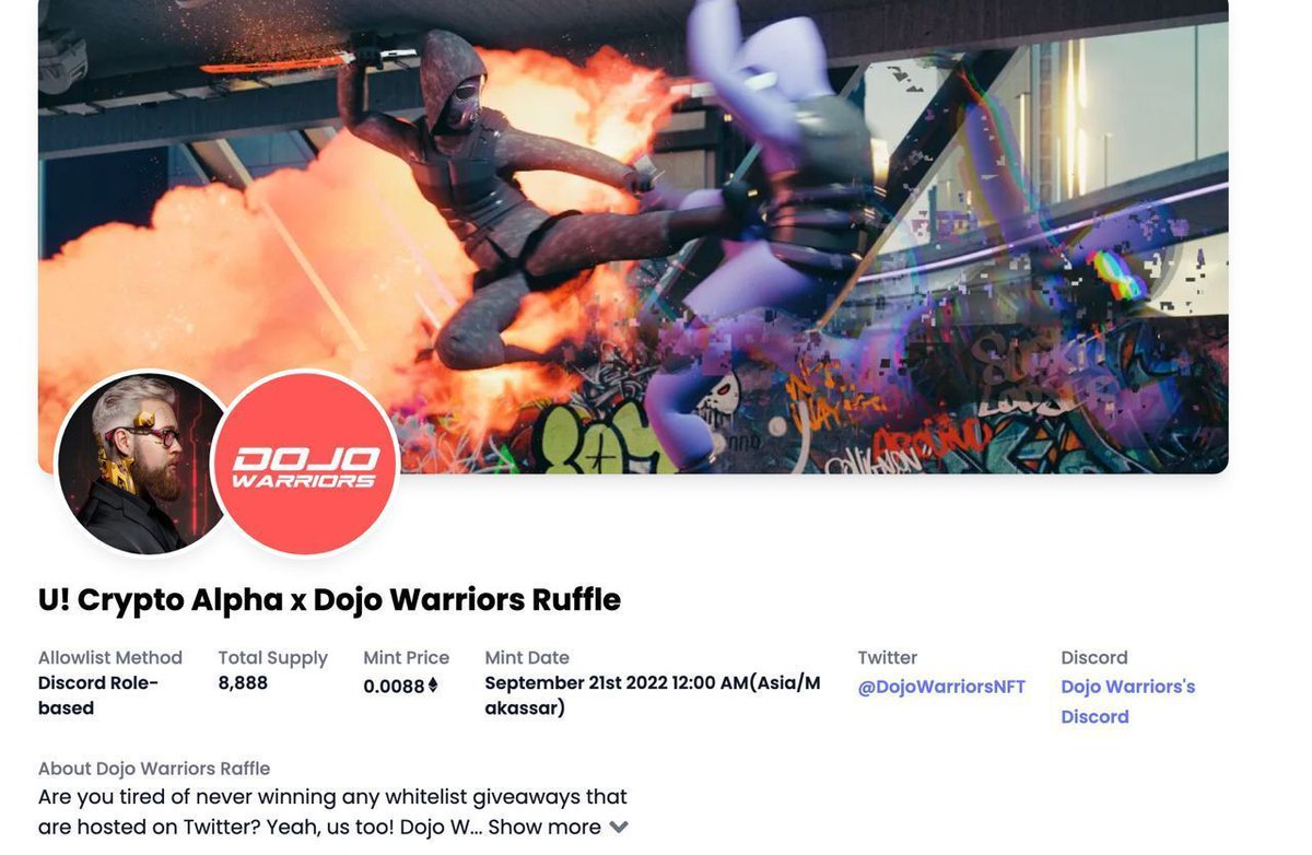ucrypto_alpha's tweet photo. WL Raffle U! Crypto Alpha x DojoWarriorsNFT

🎉WL GIVEAWAY 
🎁10 Spots

To enter:
1️⃣ Like ♥️ &amp; RT ♻️
2️⃣ Follow @DojoWarriorsNFT  &amp;  @vlad_yasko &amp; @ucrypto_alpha 
3️⃣ Tag 3 Friends

Supply - 8,888 
Mint price - 0,0088 ETH

Winner in 24 Hrs
#NFTGiveaways https://t.co/LapPLabZc0