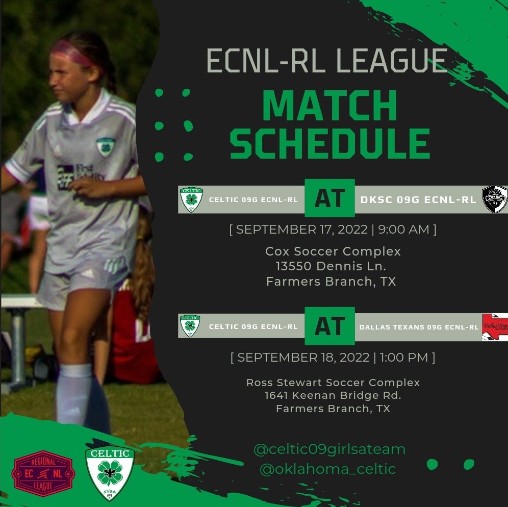 09GCelticECRL's tweet photo. Big week ahead as we head south for another round of ECNL Girls Regional League play! 🍀⚽️

@OklahomaCeltic https://t.co/PxAlmUugra