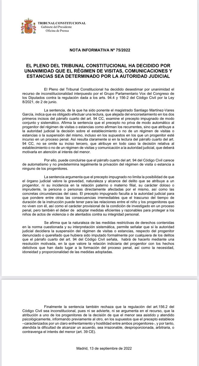 Asoc__Anavid's tweet photo. ALGO DE CORDURA ANTE LA VIOLACIÓN DE LA #PresunciónDeInocencia!!

El Tribunal Constitucional dice que NO se podrán cancelar las visitas automáticamente con tan sólo una denuncia, cada juez deberá analizar cada situación y decidir.

#LeyIgualParaTodos
#DerechosConstitucionales https://t.co/2PRfYAVKoX
