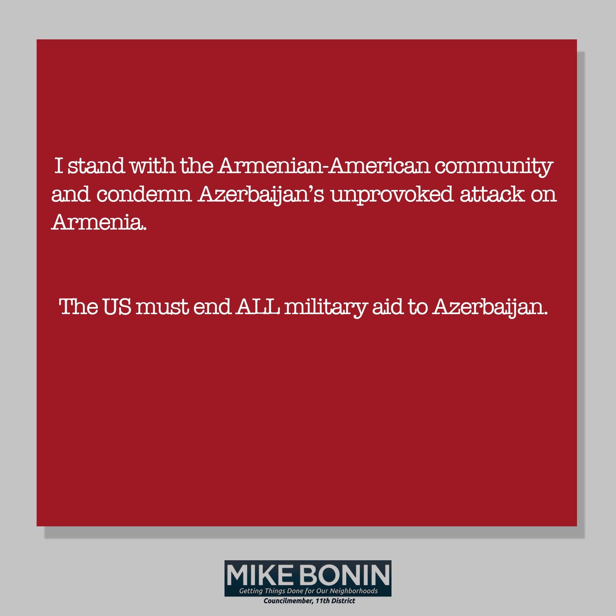 Los Angeles is home to the largest Armenian population in the country. I stand with the Armenian-American community in condemning Azerbaijan’s unprovoked attacks on Armenia. Azerbaijan must be held accountable & immediately cease their attacks on Armenia & Artsakh.