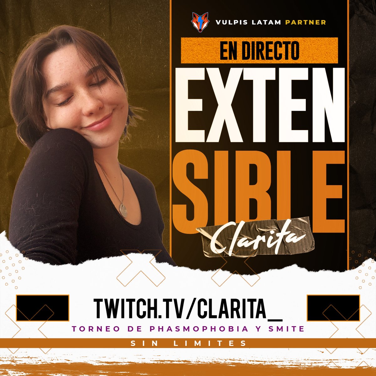 VulpisLatam's tweet photo. 🟥 [DIRECTO] 

📢 Tenemos a Clarita en un Extensible SIN LIMITES!

🌟https://t.co/XNGoICPCQN 🌟

#Smite #VulpisPartner #TwitchStreamers https://t.co/R1ff4fozo1