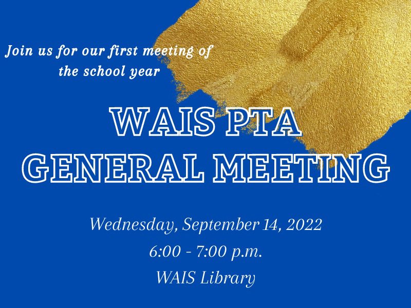 wais_pta's tweet photo. Join us tomorrow in the WAIS Library for our first PTA meeting of the school year.
We look forward to seeing you. https://t.co/cF5x851v9W
