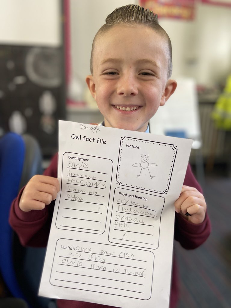 StCharlesGla's tweet photo. Primary 3/2โs #BookStudy is #TheOwlWhoWasAfraidOfTheDark.
The children watched a video about owls, took notes, and then turned their notes into sentences to create an Owl #FactFile. #ReadingIntoWriting @literacyfor_ALL https://t.co/wTWrgaHtHn