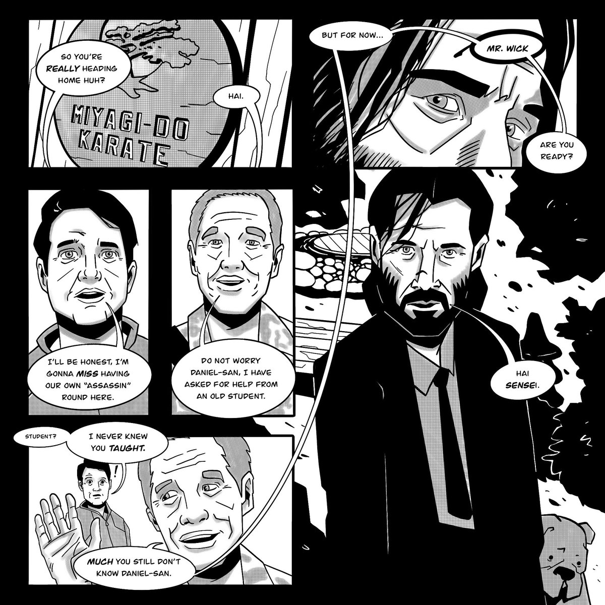 Cooke8008's tweet photo. No reason to draw this other than I couldn’t get it out of my head! Also it’s totally the logical next step.
.
@CobraKaiSeries @ralphmacchio @YujiOkumoto 
.
#CobraKai #miyagido #johnwick #karatekid https://t.co/XKx1Z9jaCj