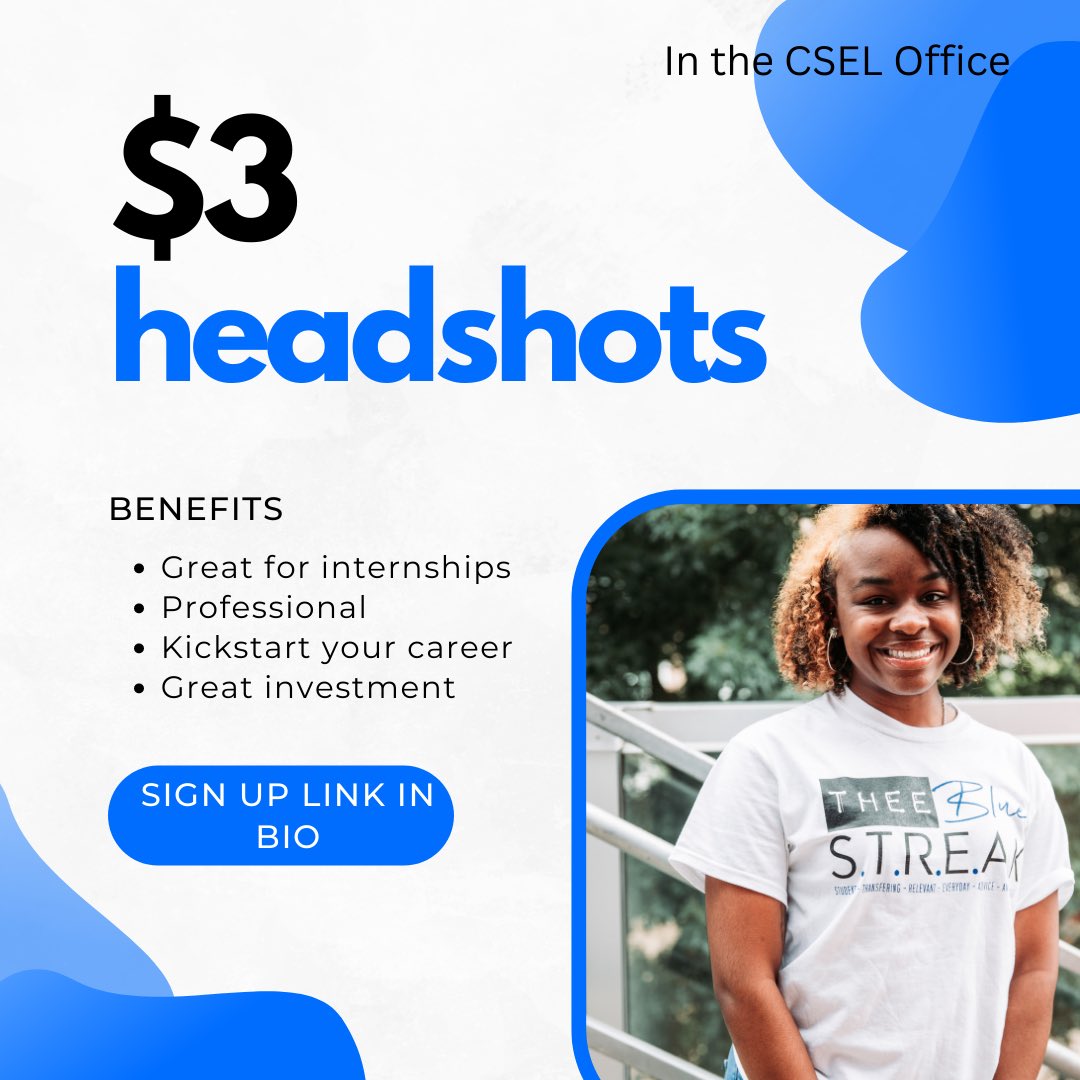 Hey tigers! Do you need a headshot? If so, come by the CSEL office on the 2nd floor of the Student Center to take your picture! Our Flash Flood Headshot Fundraiser is from Wednesday, September 14th-Friday, September 16th! Slots are limited, sign up link in our bio! #JSU 💙🐯