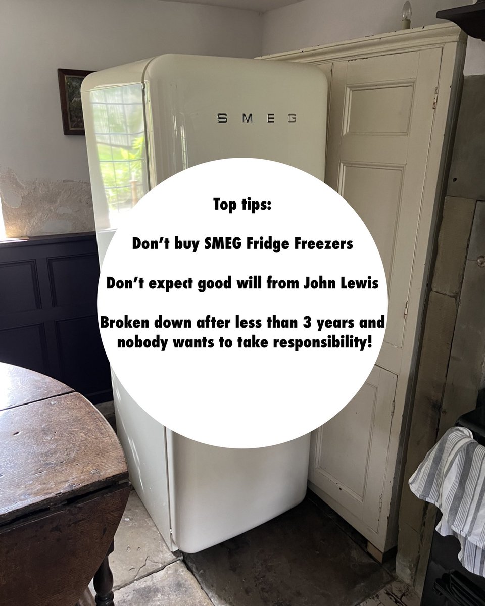 adamcbentley's tweet photo. My @smeguk fridge freezer broke down after 2 years 11 months of course it only came with a 2 year warranty so @JohnLewisRetail aren’t willing to help me. I was always lead to believe that John Lewis had an exceptional after sales service… not the case #johnlewis #smeguk #smeg https://t.co/7XuOJHJ3At